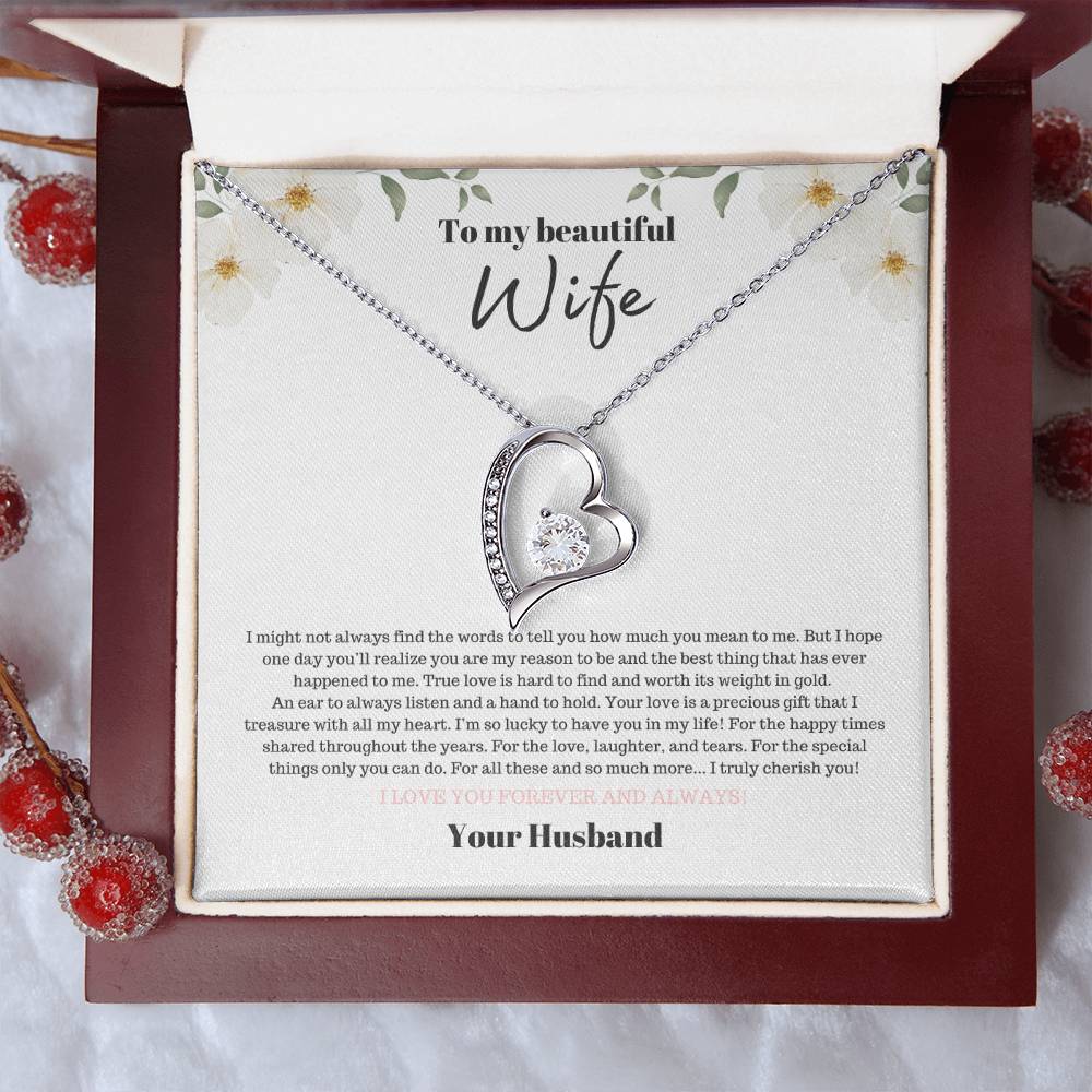 To my Beautiful Wife- Wht Floral- Forever Love Necklace